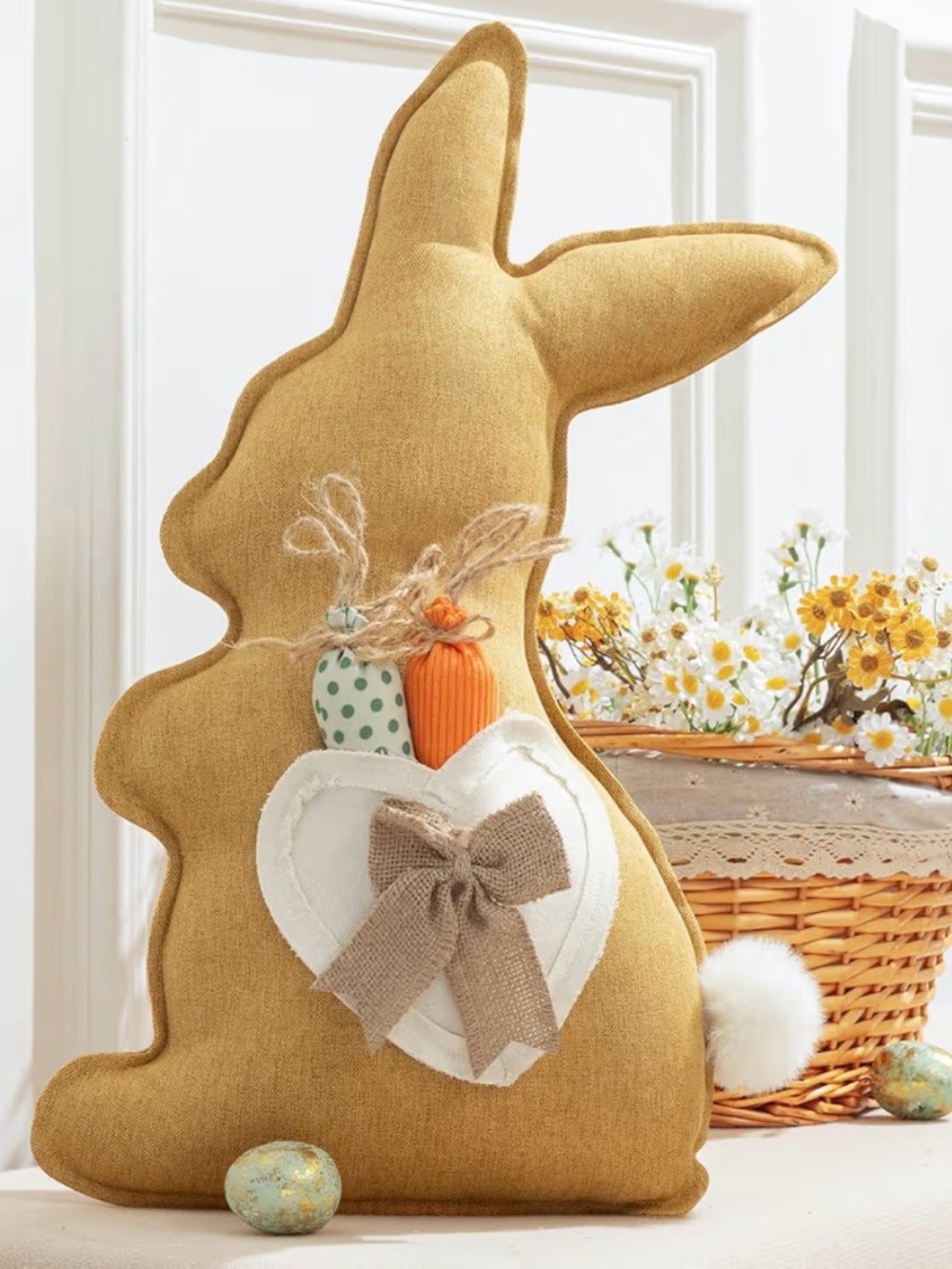 Decorative Mustard Yellow Bunny Pillow with Corduroy Carrots